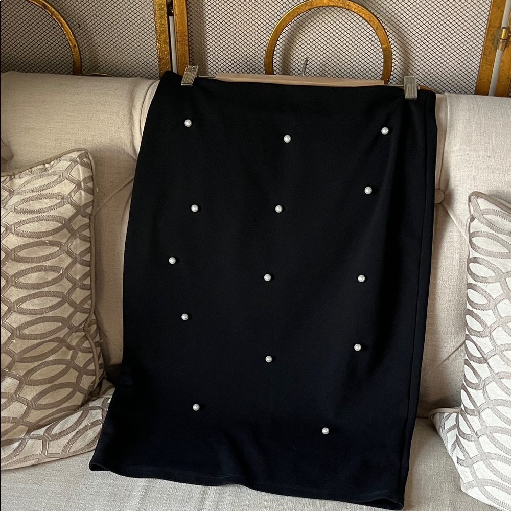 Chic Black Midi Skirt with Pearl Details